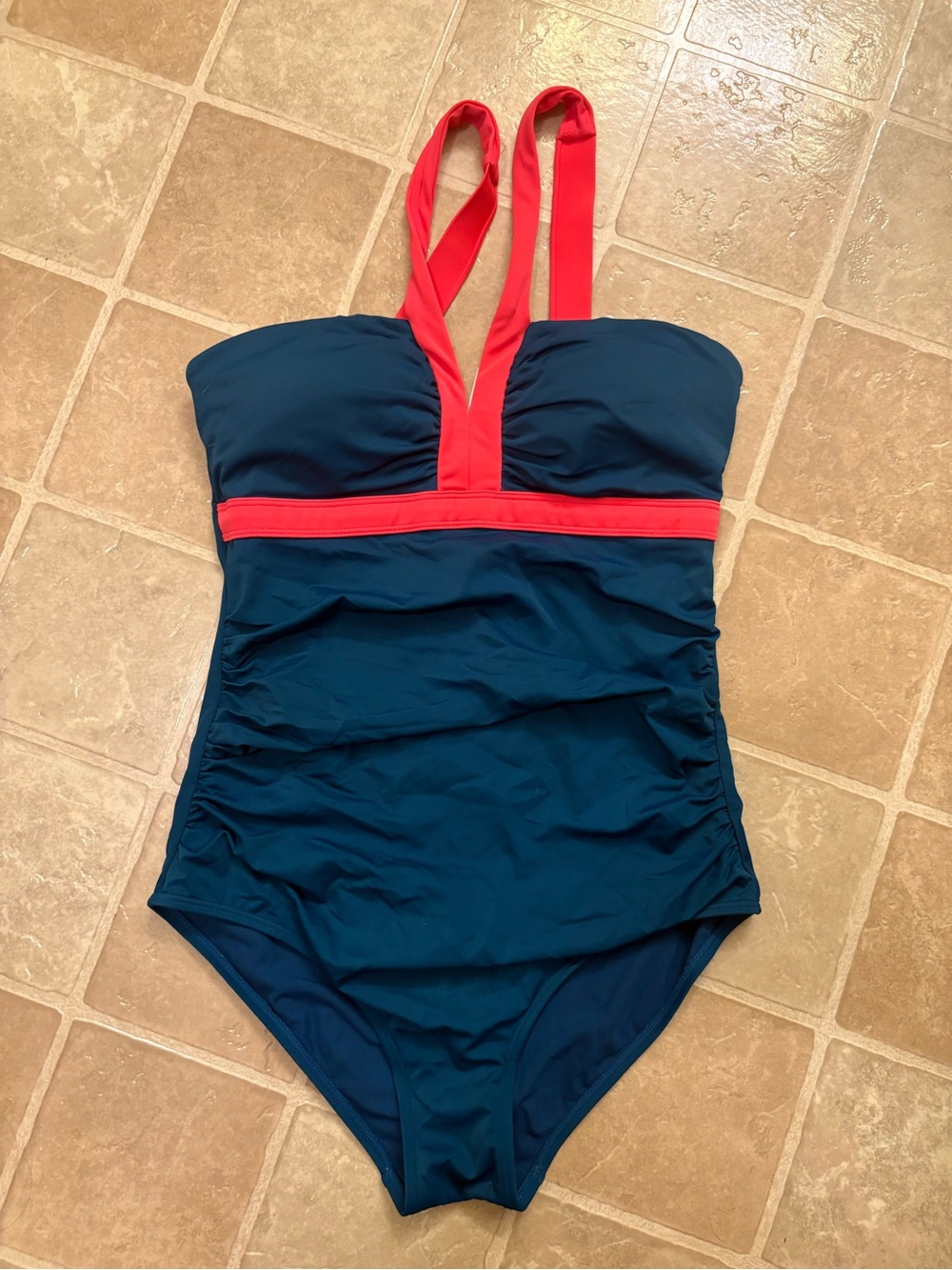 Boden Navy One-Piece Swimsuit with Coral Trim